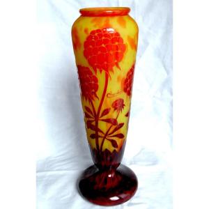 Large Peony Decor Vase By Le Verre Français Charder, 38.5 Cm, Daum Galle Era 1920