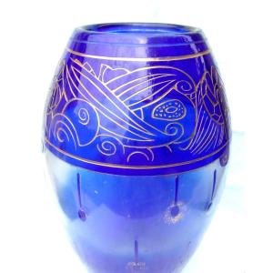 Large Art Deco Delatte Vase With Stylized Bird Decor, 32 Cm, Daum Galle Era