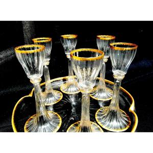 Rare Daum Liqueur Set Of 6 High-stem Glasses And Tray, Perfect, Circa 1890