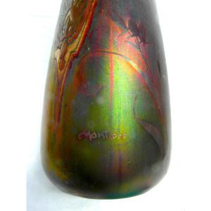 Large Iridescent And Enameled Vase With Carnation Decoration By Montieres, Massier Daum Era 1920