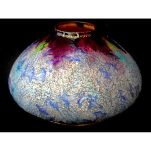 Limoges Enamel Spinning Top Vase With Bindweed Decoration By A. Marty, Faure Art-deco Era