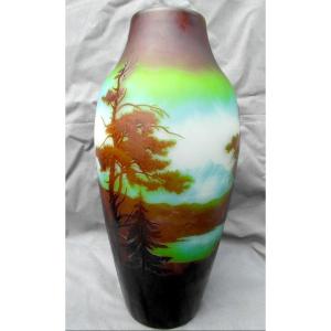Large Vase With Alpine Decor By Paul Nicolas, Perfect, 35 Cm, Signed d'Argental, Daum Galle Era