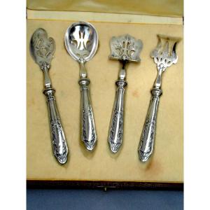  Fine Complete Mignardise Service In Solid Silver, Handle And Spoons, Circa 1900