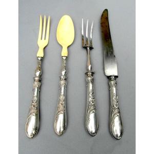 Fine Leg Of Lamb And Salad Service With Floral And Insect Decoration, In Silver, Original Box, 1900