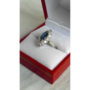 Navette Ring With 1.3 Carat Sapphire And 1.2 Carat Diamonds, White Gold, Hallmarked.