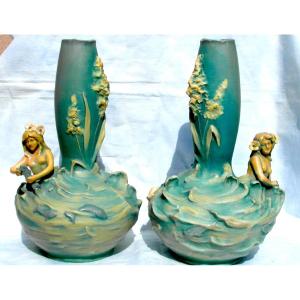 Rare Pair Of Art Nouveau Vases With Mermaids By Bernard Bloch, Daum Massier Era 1900 Royal Dux