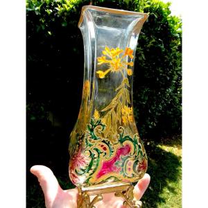 Large Vase With Primroses By Baccarat, 1880, Signed, Perfect, Daum Galle Napoléon Era