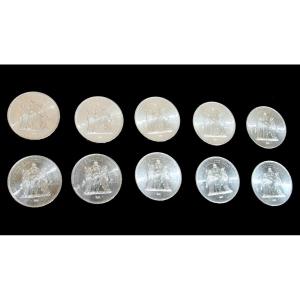 Lot Of 10 50 Franc Hercules Silver Coins, Very Good Condition