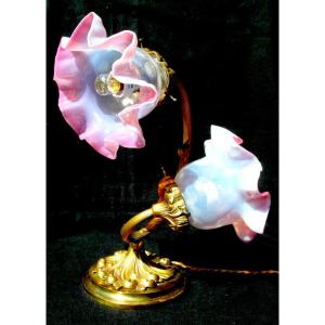 Art Nouveau 2-light Lamp, Opalescent Tulips With Clematis Decor, Galle Daum Benson Era 1900