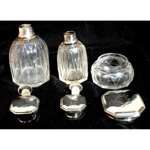 Art Deco Toiletry Set, Crystal Bottles And Solid Silver Minerva Stoppers, 1920s Era