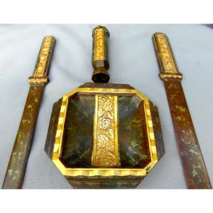 Complete Art Deco Desk Set By A Sadoux In Bronze With 2 Patinas, Marionnet Daum Era, 1920