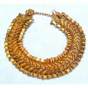 Bracelet With Articulated Leaf Palmettes, Certified 20 Carat Gold, 47 Gr, Safety Chain.