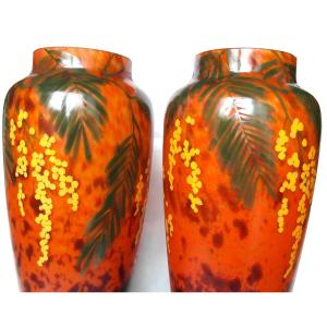 Pair Of Large Daum Vases With Mimosas, Belle Etoile Glassware, Perfect, Galle Era Art Deco 1920