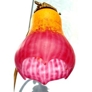 Daum Lamp, Rare Threaded Tulip, Pulled With Pliers, Bright Colors, Galle Cayette Era 1900