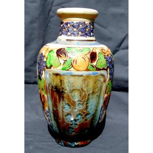  Large Vase By The Mougin Brothers With Fruit Decoration And Crystallization, Daum Nancy Era 1920