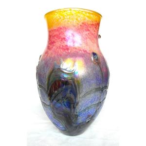 Large Vase With Applications And Iridescence By Jc Novaro De Biot, Daum Pierini Galle Era