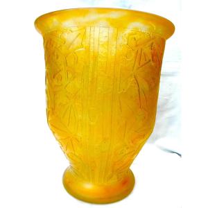 Large Daum Art Deco Vase "stylized Foliage", Perfect, Galle Era 1925