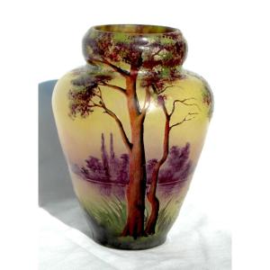 Muller Vase In Engraved And Enameled Glass, Lakeside Landscape, Daum Galle Era, 1900