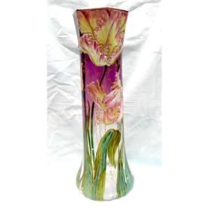 Enamelled Vase With Frilly Tulips By Legras, 40 Cm, Daum Galle Era, Circa 1900