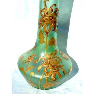 Montjoye Vase, Circa 1900, Engraved Floral Decoration And Gold Enamel, 50 Cm, Legras Daum Galle Era