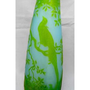 Green Decorative Glass Vase Engraved With A Pheasant By André Delatte, 37 Cm, Dated, Daum Galle Era 1920