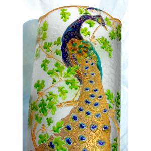 1900 Vase With A Peacock Motif In Engraved Glass By Montjoye, Daum Era, Galle Legras 