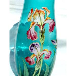 Legras Vase With Colored Irises, Circa 1900, Daum Galle Era