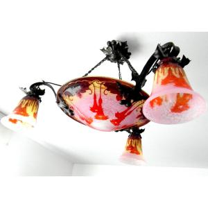 Complete Art-deco Chandelier Le Verre Français, Schneider ,