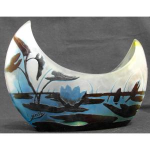 Coupe Navette With Blue Water Lilies And Sagittarius By Galle, Perfect, Daum Era 1900