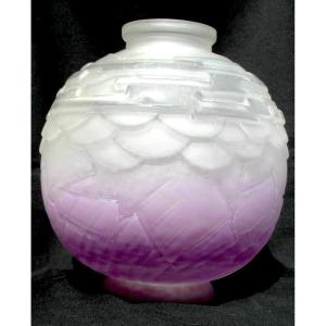 Press-moulded And Sequined Art-deco Boule Vase By Schneider, Daum Galle Era 1920