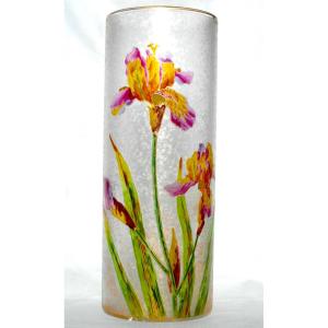 Large Baccarat Vase Engraved And Enamelled With Irises, Circa 1880 Daum Gallé Art-nouveau Era