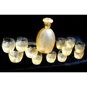 Daum Art-deco Service In Engraved Glass With Granite Effect And Lateral Striations, Circa 1930