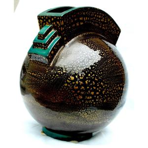 Vase Boule Art-déco à Paillons d'Or By Marcel Guillard, Editions Etling, 1927, Era Daum Pompon