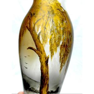 Art-nouveau Willow Vase Gilded By Michel In Nancy, Era Daum Galle Legras