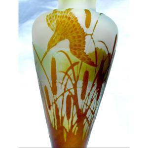 Galle Vase, 1900, " Martins-pêcheurs Dans Les Roseaux", Perfect, Era Daum Art-nouveau