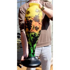 Monumental Vase Daum 3 Colors, Decor "vigne", Perfect, 61 Cm Era Galle 1910