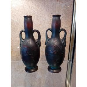 2 Art Nouveau Period Vases In Slightly Iridescent Caranza Glass? 