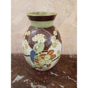 Charles Catteau Boch Keramis Vase With Birds And Lyres Decoration In Matte Finish D1130