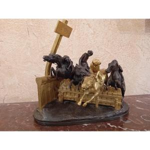 Gayrard "six Laps" Bronze With Double Patina, Horse Race With Monkey Jockeys