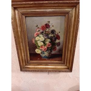 A. Cottaerl Oil On Canvas Signed Dated Bouquet Of Flowers 