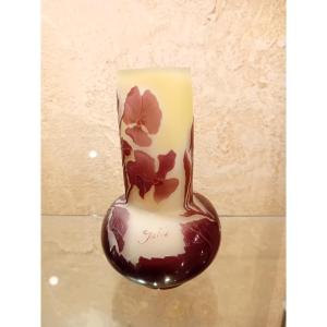 Emile Galle (establishments) Multi-layer Glass Vase Acid-etched With Pansy Decoration 