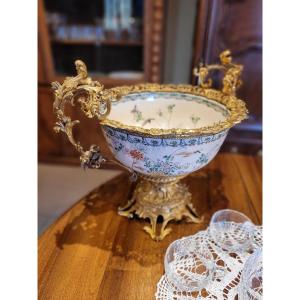 Coupe En Bronze Et Porcelaine Japonaise 19eme De La Compagnie Des Indes