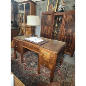 Ensemble Gautier Poinsignon  Bibliothèque Art Deco Comprenant La Bibliothèque Le Bureau Le Fauteuil La Lampe