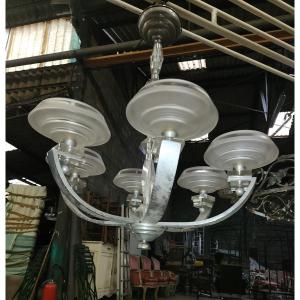 Large 1950s Chandelier In Glass And Chromed Métal 