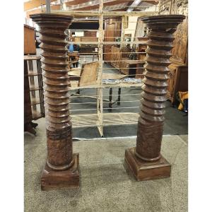 Pair Of Walnut Press Screws With Vine Decor In The Lower Part