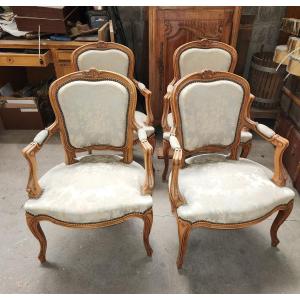 4 Louis XV Armchairs With Blue Silk Fabrics Circa 2920