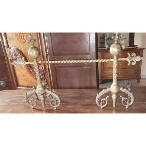 Pair Of Landiers And The Bar In Bronze And Wrought Iron From The 19th Century From Maison Tardieu Et Lebruni