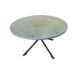 Round Table With Its Painted Top With Alsatian Decor From The 70s/80s
