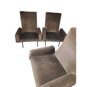 3 Armchairs From The 60s In Brown Velvet In Very Good Condition 