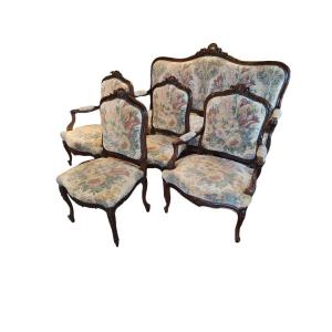 Louis XV Living Room In Richly Carved Walnut 19th Century